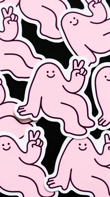scattered overlapping die-cut stickers on a solid black background, minimalist line-art cartoon...