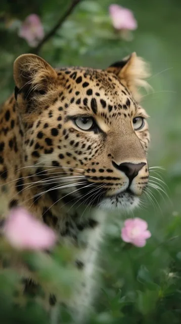 Close-up portrait of a wild leopard gazing right, emerging from heavily blurred green foliage a...