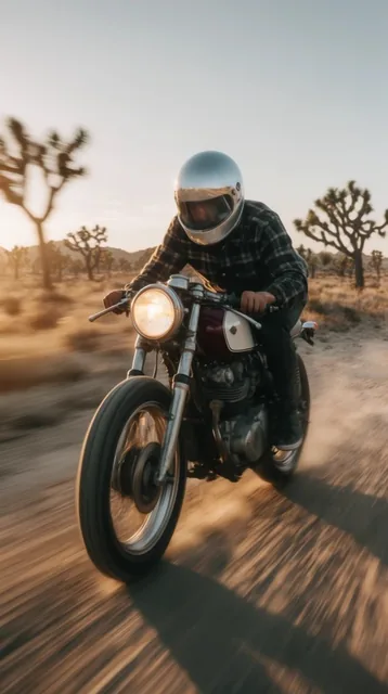 A motorcyclist speeds toward the viewer on a vintage cafe racer along a dirt desert road during...