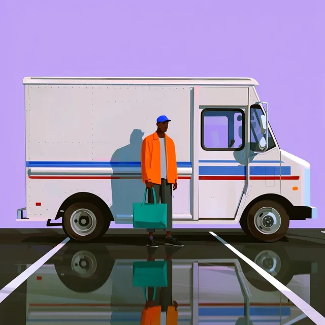 A dark-skinned man in a vibrant orange jacket stands beside a white delivery step-van against a...