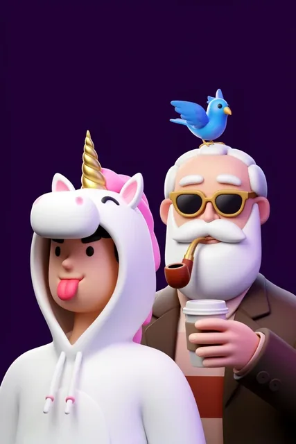 3D characters on dark purple background, person in white unicorn hoodie with tongue out, older...