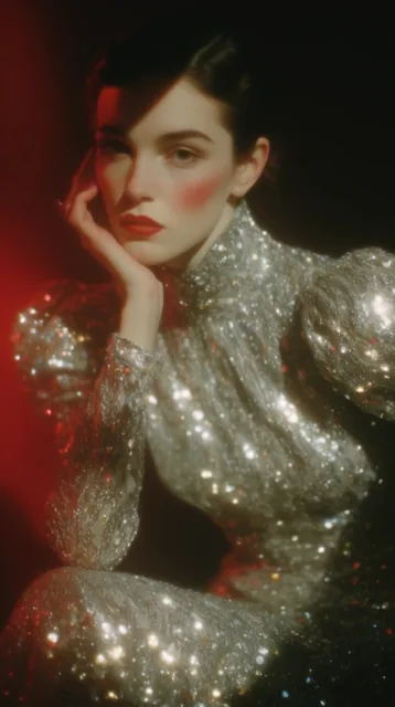 Cinematic portrait of a woman in a heavily sequined silver gown with a high collar and puff sho...