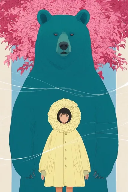 A colossal teal bear towers directly behind a small figure in an oversized pale yellow coat wit...