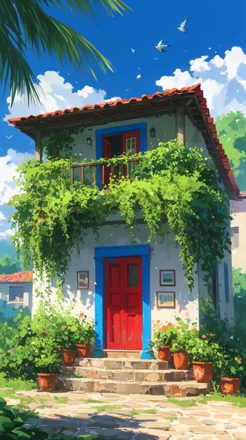Two-story white plaster house with a red tile roof, vibrant red wooden front door with bright b...