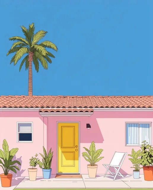 pastel pink house, terracotta roof, bright yellow door, tall palm tree, clear expansive blue sk...