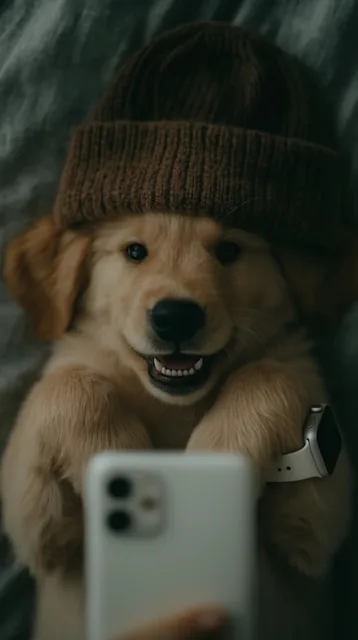 fluffy golden retriever puppy lying on its back, wearing a brown knit beanie, front paws curled...