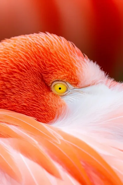 Extreme close up of flamingo head tucked in feathers, vivid orange and pink plumage, striking y...