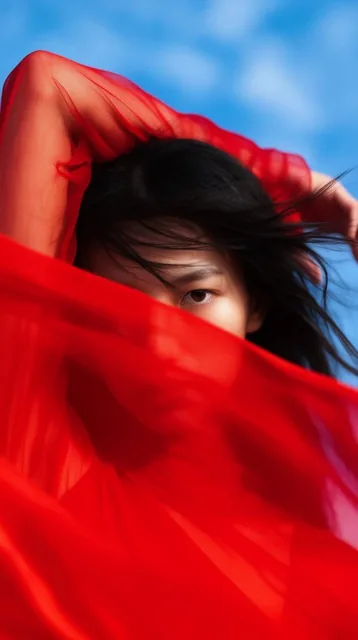 A flowing translucent crimson fabric dominates the foreground, partially obscuring a figure who...