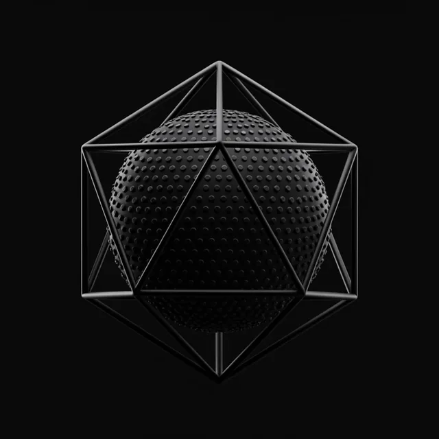 A textured black sphere covered in rows of small studs is enclosed within a dark geometric wire...