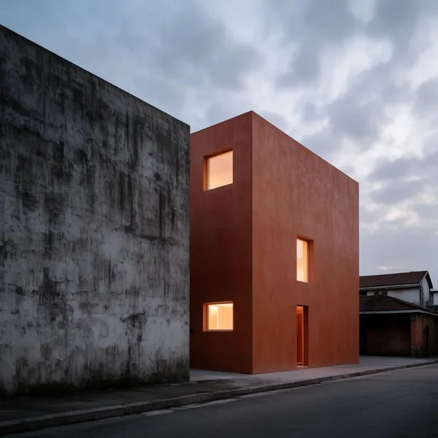 modern terracotta minimalist building with glowing windows, imposing weathered grey concrete wa...