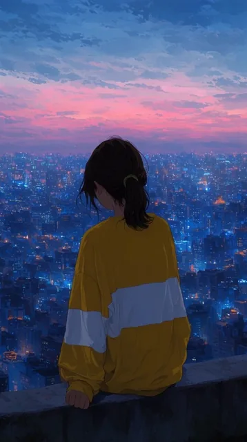 A young woman viewed from behind sits on a concrete ledge overlooking a vast, glowing cityscape...