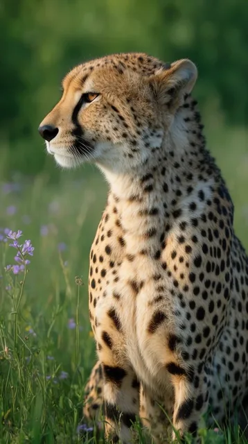 adult cheetah seated in lush green grass looking left in sharp profile, golden coat with solid...