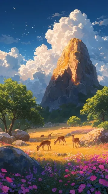 A vibrant anime-style landscape illustration of a massive sunlit rocky peak towering over a gol...
