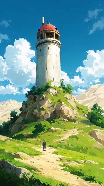 tall cylindrical white tower with domed reddish roof atop a rocky green hill, small solitary fi...