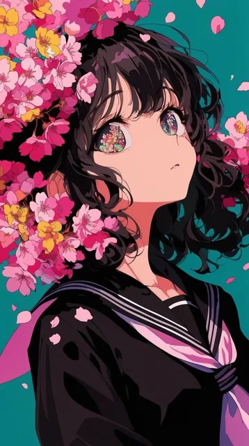An anime-style girl with dark wavy hair and a black sailor uniform looks upward against a solid...