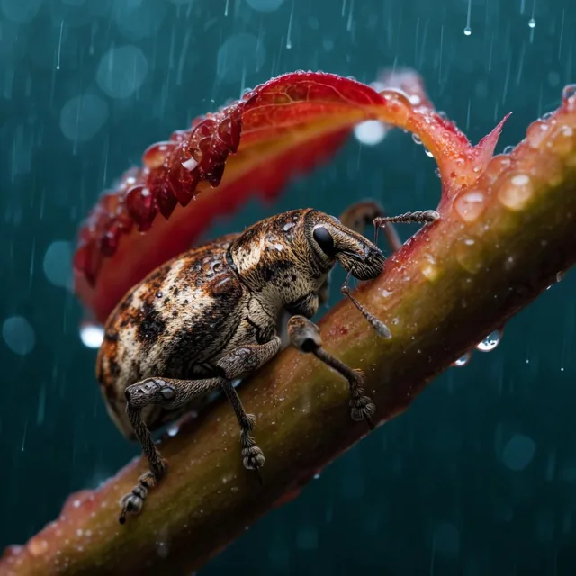 wet patterned weevil clinging to a diagonal stem, sheltering under a curled reddish leaf, falli...
