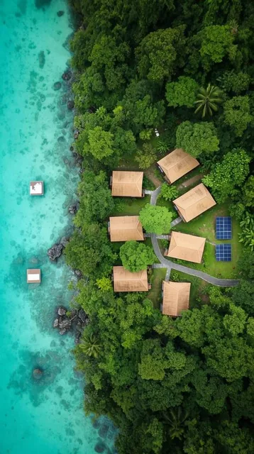 An aerial top-down view captures a secluded eco-lodge in a dense tropical forest beside a vibra...