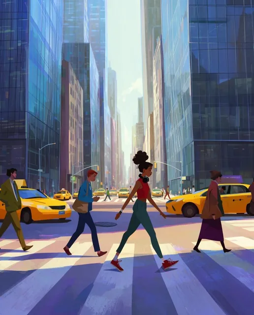 Pedestrians traverse a sunlit city intersection flanked by towering glass skyscrapers in a vibr...
