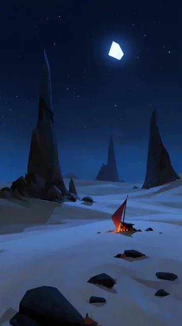 Desolate nighttime desert landscape, stylized digital painting, jagged rock spires casting long...