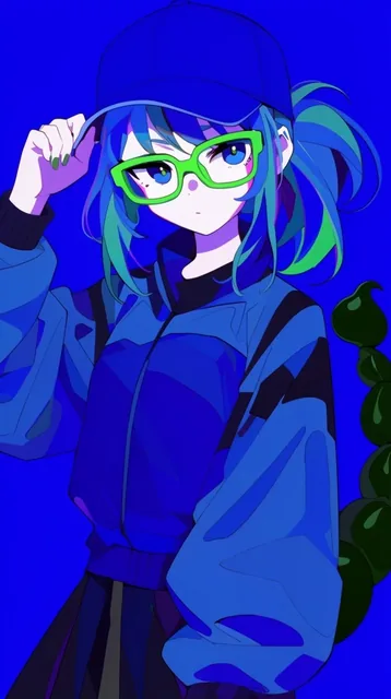 stylized female anime character with a dark green scorpion tail, wearing a blue baseball cap an...