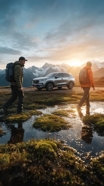 two hikers in rugged outdoor gear walking through a marshy alpine landscape, silver SUV parked...