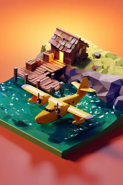 low-poly isometric 3D diorama, yellow twin-engine seaplane on faceted teal water, wooden dock w...