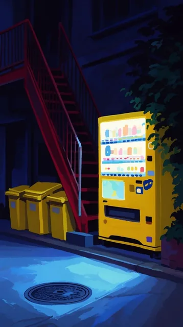 A glowing yellow vending machine illuminates a dark urban street corner at night in a painterly...
