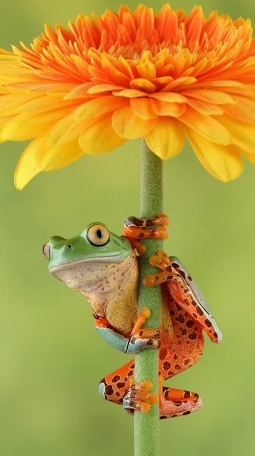 A two-toned tree frog clings to the fuzzy green stem of a large orange and yellow daisy. The am...