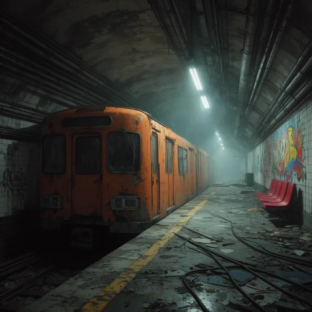 A derelict orange subway train sits in a dim, abandoned underground station. Debris and loose c...