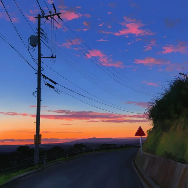 Twilight landscape painting of a vibrant sky transitioning from deep blue to bright orange with...