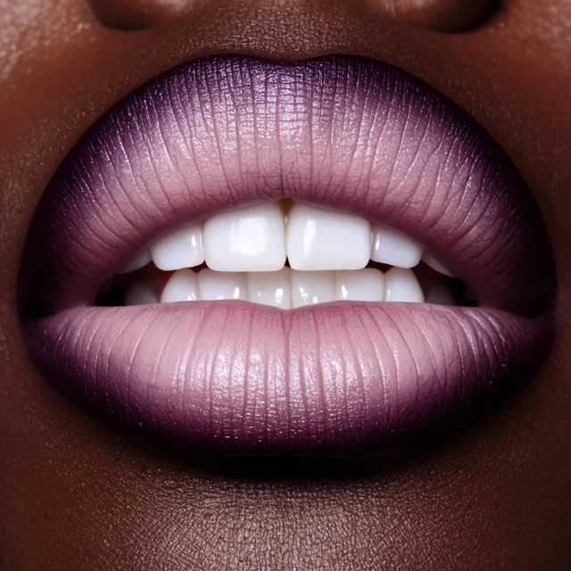 Extreme macro shot of slightly parted lips revealing bright white teeth against a deep skin ton...