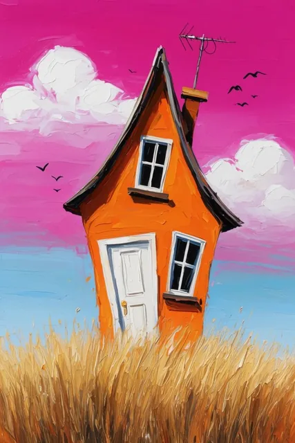 thick impasto painting of a whimsical skewed orange house, bold palette knife textures, steep g...