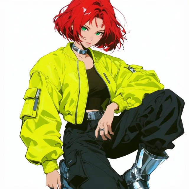 young woman with short red hair and emerald eyes, neon yellow bomber jacket, dark cargo pants,...