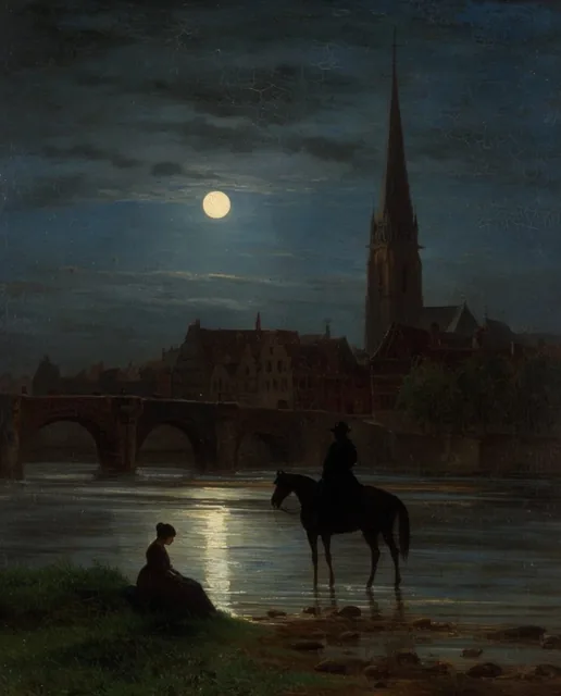 classical nocturne oil painting, moonlit river, seated woman on a grassy riverbank, silhouetted...