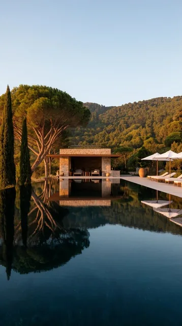 A dark infinity pool perfectly mirrors a stone pavilion and lush pine trees bathed in warm gold...