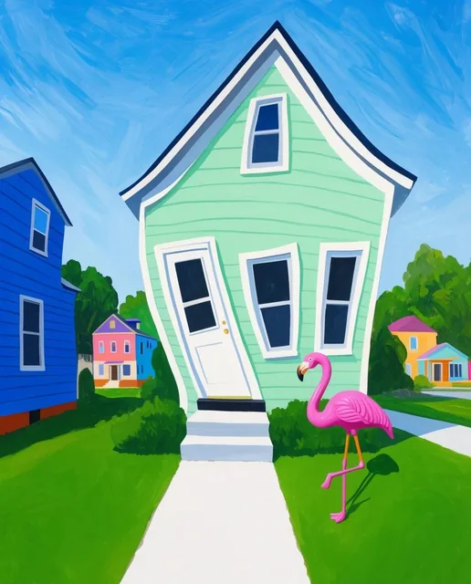 A vibrant acrylic painting of a mint-green suburban house with warped asymmetrical architecture...