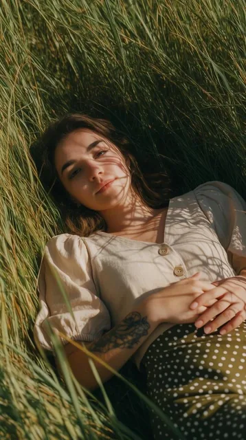A young woman lies in a dense field of tall grass, gazing softly toward the camera. She wears a...