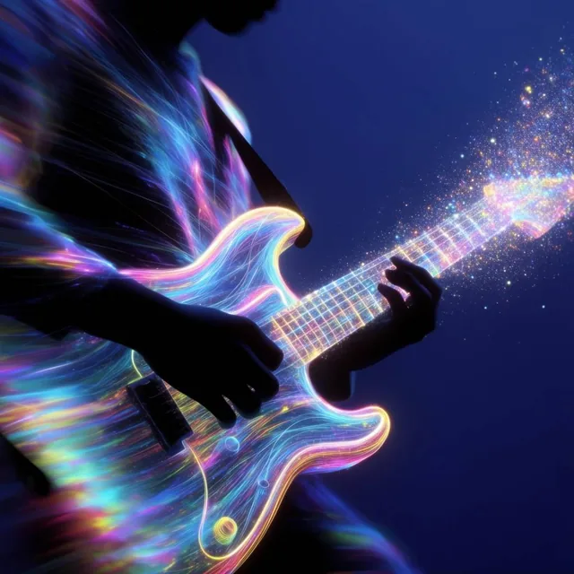 A silhouetted musician playing an electric guitar formed by flowing, iridescent streaks of cyan...