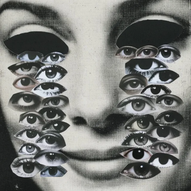 A surreal monochromatic mixed-media collage centering on a faintly visible, grainy background p...