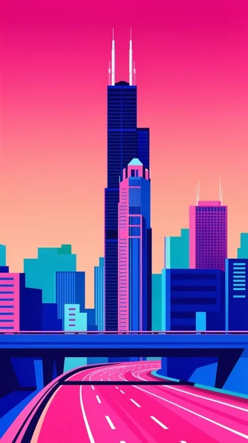 A stylized synthwave vector illustration of a skyline centered on a towering skyscraper with tw...