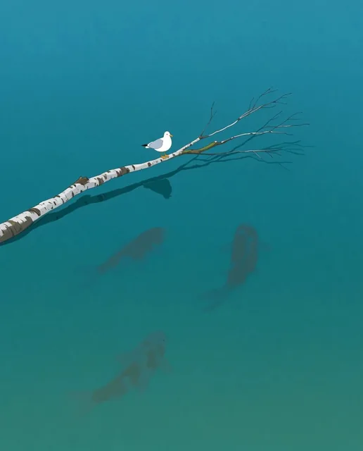A solitary white seagull rests on a slender silver birch branch floating diagonally across a va...