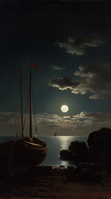 A classical oil painting portrays a serene moonlit seascape with a wooden boat resting on a dar...