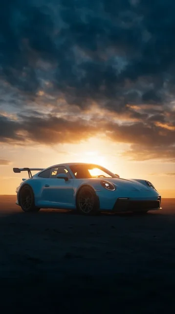 A sleek light blue sports car with a large rear wing is parked on a dark, sandy expanse under a...