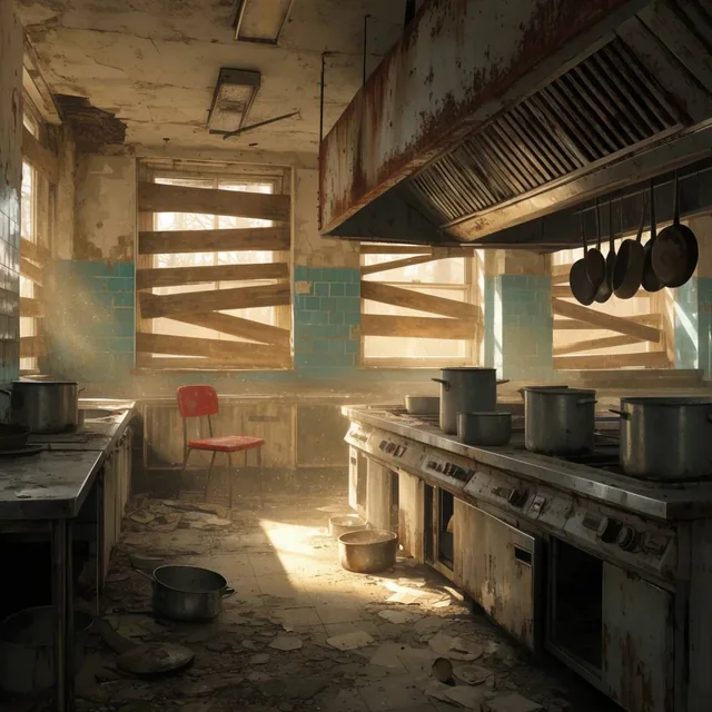 abandoned commercial kitchen, golden sunlight streaming through boarded windows, atmospheric du...