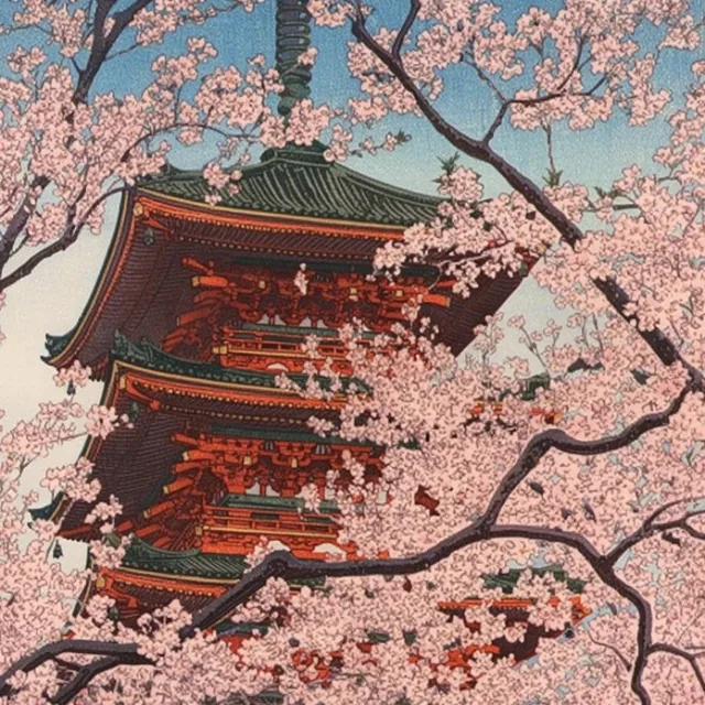 A traditional vermilion and dark-green multi-tiered pagoda emerges through a dense, enveloping...