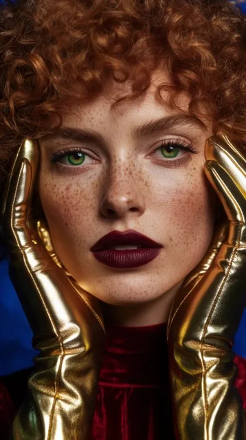 A tight close-up editorial beauty portrait of a striking woman with prominent freckles, vivid g...