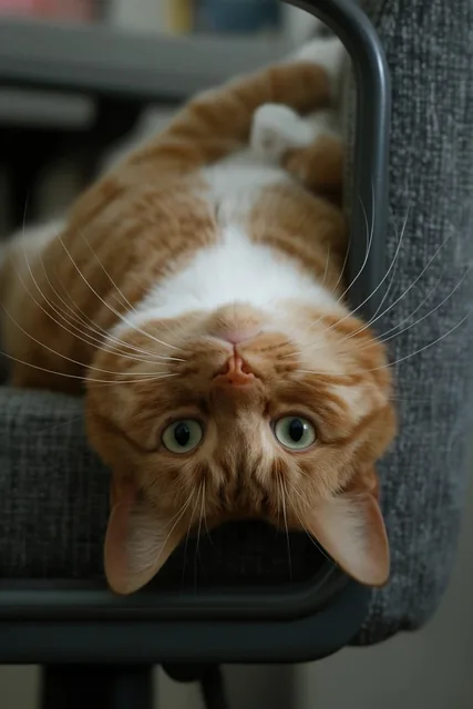 close-up of an orange and white tabby cat lying upside down, head hanging inverted off a textur...