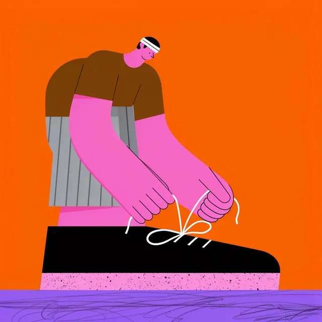 surreal flat vector illustration, figure with bright pink skin and massive arms tying white lac...