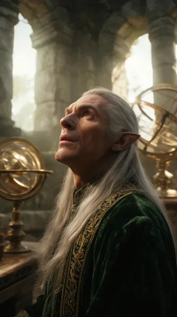 A rugged elven scholar with angular features and long silver hair gazes upward in profound wond...