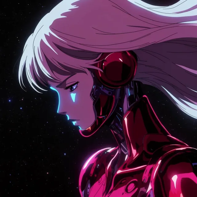 2D cel-shaded anime side profile of a female cyborg in deep space, flowing white hair, sleek me...